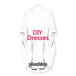 Phechion DIY 3Dプリントファッションドレスカジュアルミッドレングスドレス女性服ポケット長袖