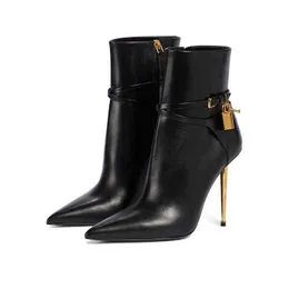 Women Boots Sexy Metal Lock Decorate Ankle Boot Gold Stiletto High Heel Pointed Toe Short Booties Fashion Zipper Martin 0719