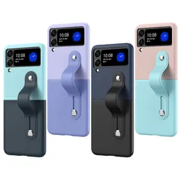 Custodie morbide antiurto con cinturino in pelle PU a contrasto di colore doppio con supporto per cinturino da polso retrattile per Samsung Galaxy Z Flip 3 4 5 Flip4 Flip5 Huawei P50 Pocket