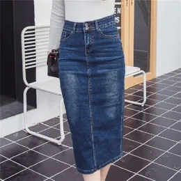 Kvinnor långa jeans magra kjolar blå flickor hög midja casual denim blyerts kjol kvinnlig saia 220701