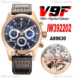 V9F 392202 Kalendarz wieczny A89630 Automatyczne męskie zegarek Le Petit Prince Rose Gold Blue Dial Break skórzany pasek Super Edition Pureteme E5