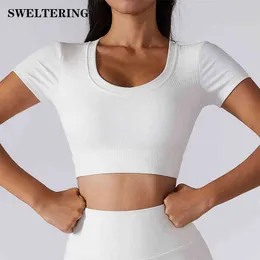 Bezszwowe żebrowane koszule jogi Kobiety Szybkie suche topy do biegania ciasne treningi tee żeńskie fitness krótkie rękawy Tshirty J220706