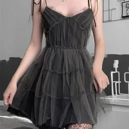 Altgoth Dark Gothic Elegant Dress Woman Emo alt Vintage Mesh Patchwork Lace Up High Taist Y2K HARAJUU MALL GOTH PARTWEAR 220601