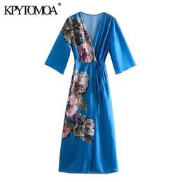 Kvinnor mode med bundet blommigt tryck wrap midi klänning vintage v hals korta ärm kvinnliga klänningar vestidos mujer 220526