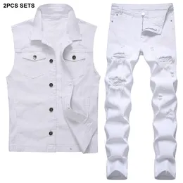 Rippade hålspårsdräkter vita mäns väst och jeans 2st sätter casual slim-fit denim waistcoat + byxor två stycken set hommes de ensembles