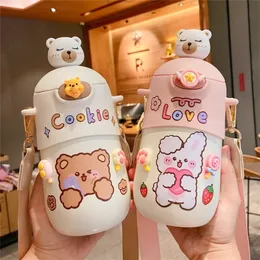 500 ML Kawaii Bear Thermos Bottle Cute Kids Straw Water Bottle Insulated Stainless Steel Student Girls Thermal Drink Bottles 220423