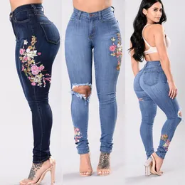 Stretch Embroidered Jeans Y2k Women Elastic Flower Jeans Female Slim Denim Pants Hole Ripped Rose Pattern Jeans Pantalon Femme