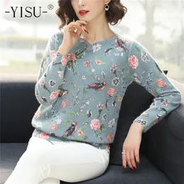 Yisu suéter impresso feminino Autumn Winter Sweater Fashion Floral Bird Padrão Pullover Casual Sweater Longo Longo 201223