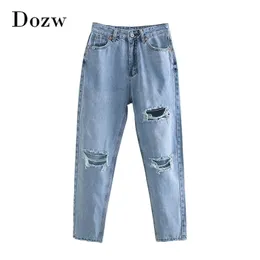 Mulheres comprimentos completos orifícios chiques jeans retro rasgado calças Lady zipper voo de cor azul claro calças femme pantalon 210515