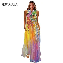 Movokaka vår sommar tryck lång klänning kvinnor strand semester casual mode elegant klänningar party ärmlös v neck maxi klänningar 220406