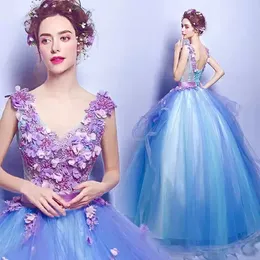 Elegant Purple Blue Ball Gown Prom Dresses Princess Aooliques Sequins Sleeveless Puff Tulle Lace 3D Flower Party Gowns Plus Size Custom Made S s