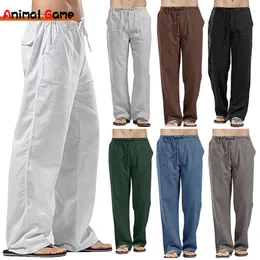 Linen Wide Men calça calças coreanas Linens de lençóis de tamanho grande masculino de primavera de ioga de ioga Casual Casual Sortpants 220719