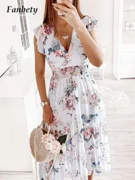 Summer Fashion Ruffle Floral Print Dress Ladies Casual ärmlös Elastisk midja Long Women V Neck Parted Party 220713