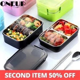 ONEUP 304 Stainless Steel Lunch Box For Kid Two layers Bento Student Food Container With Tableware Bag Kitchen LJ200826