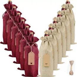 15x35cm rustik jüt çuval bezi şarap çantaları çizim şarap şişesi kapakları yeniden kullanılabilir sargı hediye paketi çanta