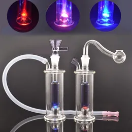 Automatic Color LED Light Glass Oil Burner Bong Inline Martix Birdcage Dab Rig Portable for Travel with 10mm Oil Pot and Dry Herb Bowls 2PCS