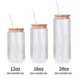 12oz 16 oz 20 oz de vaso de sublimación de doble pared puede vidrio de vaso de globo de nieve cerveza bebida con tapa de bambú y paja reutilizable 1389 D3