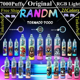 Original RandM Tornado 7000 Puffs DDP Cigarettes Disposable Vape Pen Mesh Coil 2% 5% 0% 3% e cigar Puff 7k Rechargeable Battery 30 Colors RGB Electronic Cigarettes