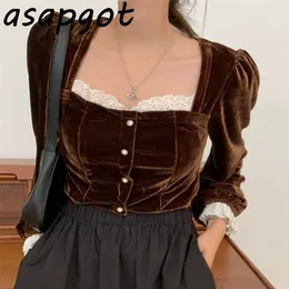 ASAPGOT francuski elegancki styl vintage czarna aksamitna koszula Kobiet kwadratowy bluzka z długim rękawem jesienna Blusas Mujer de Moda 210308