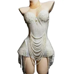 Bühnenkleidung, verziertes Perlenkostüm, weiße Perlen-Bodysuit, Theater für Frauen, Party, Bar, Show, Tanz, Nachtclub, Outfit, Bühne