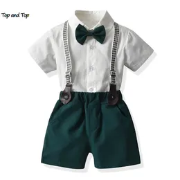 Топ и мода малыш детские мальчики джентльмен набор одежды формальные белые рубашки с коротким рукавом с бабочками комбинезонами повседневные костюмы 220507