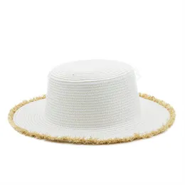 Enkla sommarkvinnor breda brim strandkapslar Tassel Brim Raffia Straw Cap Casual Ladies Sun Hat Flat Top Panama Hats