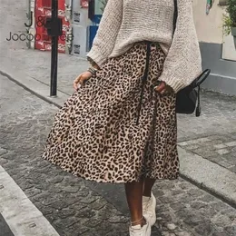 Jocoo Jolee Skirt Women Leopard Print Pleated s Vintage Drawstring Elastic Waist Midi s Casual Korean A Line 220427