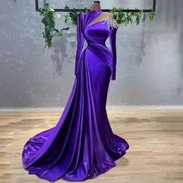 Sexy Mermaid Purple Evening Dresses 2022 With Beaded Crystals Long Sleeve Satin Party Occasion Gowns Pleats Ruffles Prom Dress Wears C0809