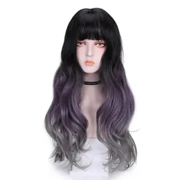 WIG LOLITA WIG WIG ЖЕНЩИНА ВАЛАКРЫЙ ОМБРЕ Черный фиолетовый серый трех цветовой градиент для волос устойчивый