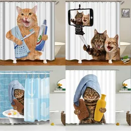 Cute Cat Animal Waterproof Polyester Shower Curtain with Hooks For Bathtub Bathroom Screens Home Decor Large Size Wall Cloth 220429