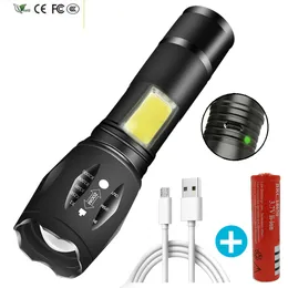 Nytt byggt 18650 Batteri T XM-L T6 COB ALUMINIUM TORCH 4-lägen Zoomable USB-laddningsbar LED-flashligh-lyktan för camping