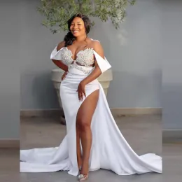 Dubai Arabisch Afrikanische Elegante Plus Size Meerjungfrau Ballkleider Schulterfrei Falten Perlen Kristalle Für Frauen Satin Lange Formale Abend Party Kleider Nach Maß