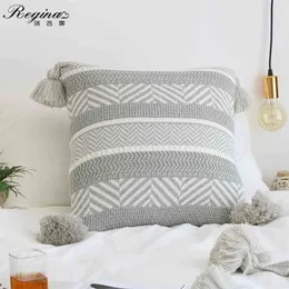 Regina Boho Decor Sticked Cushion Cover Gray Stripe Tassel Design 100% Cotton Super Soft Sofa Car Nordic Throw Pillow Case Cover Case 210401