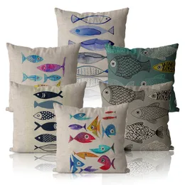 Pillow Case Animal Color Fish Pillow Cover Farmhouse Home Decor Cases 45 45 40 40 Blue Ocean Linen Cushion for Living Room 220623