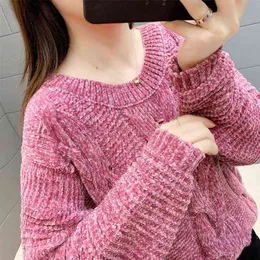 New chenille sweater for wearing outside autumn and winter women's large loose round neck top solid color bottomed