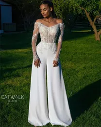 2022 Bohemian Boho Jumpsuits Wedding Dress Lace Long Sleeve Off The Shoulder Bridal Dresses Wedding Gowns Vestido de Noiva