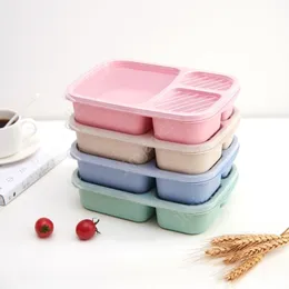 Lunch Box 3 Grid Wheat Straw Bento Backobable Transparent Pokrywa Pojemnik na żywność do pracy Przenośne pudełka na lunch studenckich Pojemniki MEA 300PCS DAJ463