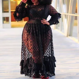 Elbise Kadın Artı Boyutu Seksi Uzun Elbiseler Elastik Yüksek Bel Şeffaf Siyah Örgü Elbise Elegance Dantel Toptan Dropshipping