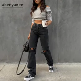 Aberyamee Women's Ripped Jeans Casual 90s Long Pants High Street Lady Fashion Outwear Solid Button Pockets Bf Baggy Trousers 210302