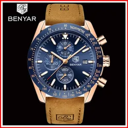 Benyar Moda Men Watches Brand Luxury Couro Couro à prova d'água Cronógrafo Casual Relógio Militar Relógio Relógio Masculino CJ191116