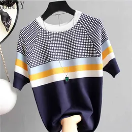 Blusas Mujer De Moda Vintage Ladies Tops Striped Summer Blouse Pink Elasticity Short Sleeve Blue Women Blouse jxmyy 210412