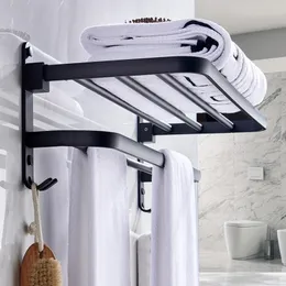 Aluminum Alloy Folding Bathroom Towel Rack Black Oil Brushed Foldable Fixed Holder Shelves Rail Y200407