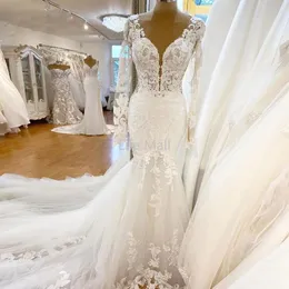 Luxury V Neck Mermaid Wedding Dresses Sexy Full Lace Appliques Plus Size Illusion Bridal Party Gowns vestido de novia 2022 DD