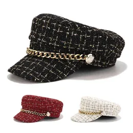 Nya kvinnor hattar tweed pläd tidning säljare kepsar halsband platt topp visir cap vintage pläd militär mössa kvinnlig höst vinter hatt j220722