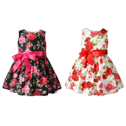Flickans klänningar 2022 Little Girls Princess Dress, ärmlösa rosor tryckt o-hals midja Bow Party/POGRAPHY/PRESTANDA OUTFIT