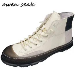 Owen Seak Men 캐주얼 신발 발목 부츠 고급 트레이너 리얼 가죽 레이스 업 겨울 부츠 브랜드 플랫 블랙 신발 J220714