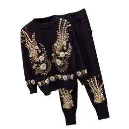 Women's Tracksuits Autumn Women's Beads Embroidery Knitwear Sweater Knitting Pants Two Piece Set Female SetWomen's