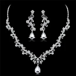 Earrings & Necklace Luxury Fashion Elegant Rhinestone Flower Bride Jewelry Set Silver Color Teardrop Sets For Women Wedding Gift