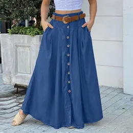 Women's Spring Sundress ZANZEA Stylish Button Maxi Skirts Casual High Waist Long Vestidos Female Solid Robe Femme W220426