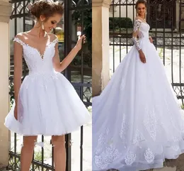 Strand Korta Bröllopsklänningar 2 i 1 med ärmar Lace Applique Vestido de Noiva Golvlängd Tulle Princess Bridal Gown Bröllopsklänning